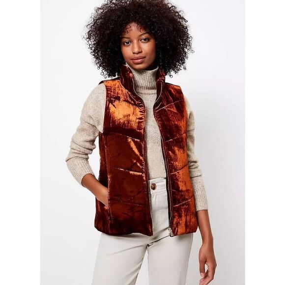 Loft Puffer Vest Women's Quilted Design Pockets Full Zip Rust Orange Velvet | L - Picture 1 of 13